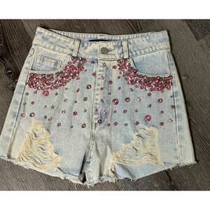Blue B Collection Light Wash Cut Off Jean Shorts With Pink Rhinestone Detail, S